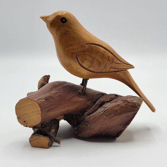 Vintage Hand Carved Wooden Wood Bird Sculpture Figure On Driftwood Stand - Picture 2 of 9